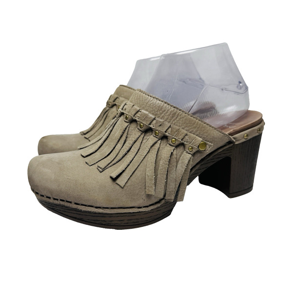 Dansko Shoes - Dansko Deni Taupe Leather Fringe Studded 3” Heel Mule Clog Womens Size 38 US 8